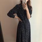 3/4-sleeve Patterned A-line Midi Dress Dark Blue - One Size