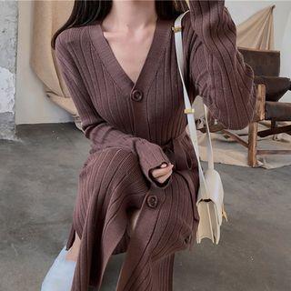 V-neck Tie Waist Midi Long-sleeve Knit Dress