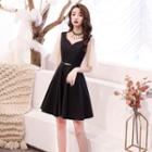 Short-sleeve Faux Pearl A-line Cocktail Dress