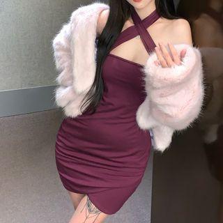 Halter-neck Sheath Dress / Fluffy Jacket