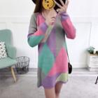 Color Block Long-sleeve Knit Dress As Shown In Figure - One Size
