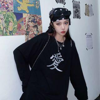 Long-sleeve Chinese Character T-shirt Black - One Size
