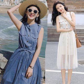 Set: Button Detail Sleeveless Dress + Mesh Midi Skirt