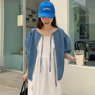 Lace-up Puff-sleeve Denim Shirt / Accordion Pleat Spaghetti-strap Dress