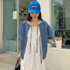 Lace-up Puff-sleeve Denim Shirt / Accordion Pleat Spaghetti-strap Dress