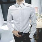 Lettering Embroidered Pinstriped Shirt