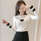 Long-sleeve Contrast Trim Heart Embroidered Knit Top