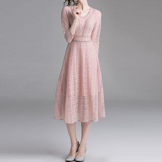 Bobble Trim 3/4-sleeve Midi A-line Lace Dress