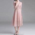 Bobble Trim 3/4-sleeve Midi A-line Lace Dress