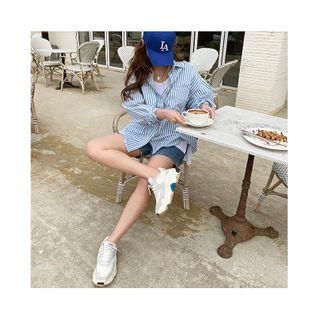 Dual-pocket Stripe Shirt Sky Blue - One Size