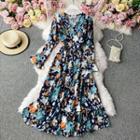 V-neck Floral Chiffon Flare Long-sleeve Midi A-line Dress