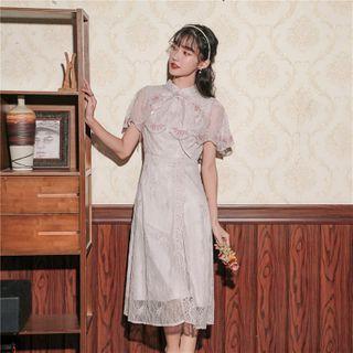 Set: Lace Mandarin Collar Sleeveless Midi A-line Dress + Shawl