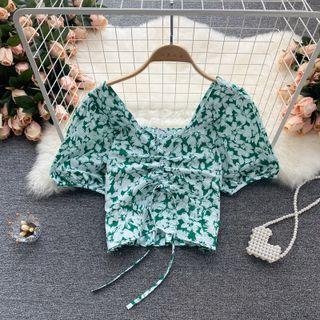 V-neck Short-sleeve Floral Chiffon Top