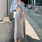 Twist Cropped Camisole Top / Midi A-line Skirt / Cropped Denim Jacket