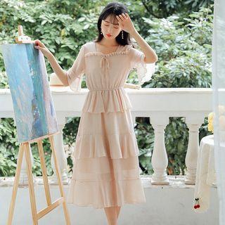 Ruffled Layered Elbow-sleeve Chiffon Dress