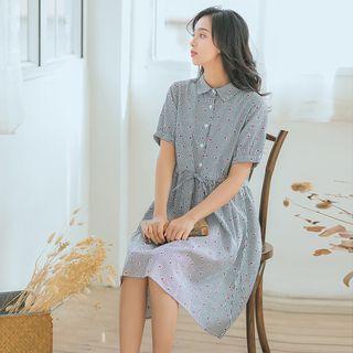 Short-sleeve Heart Print Striped Collared Dress