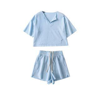 Set: Short-sleeve V-neck Top + High Waist Drawstring Shorts