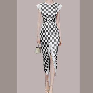 Sleeveless Check Midi Sheath Dress