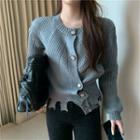 Long-sleeve Distressed Buttoned Knit Top