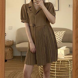 Short-sleeve Open-collar Accordion Pleat A-line Dress