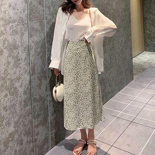 Spaghetti Strap Top / Long-sleeve Shirt / Floral A-line Midi Skirt