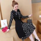 Long-sleeve Mock Two-piece Dotted A-line Dress