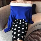 Color Block Off-shoulder Sweater / Dotted Knit Skirt