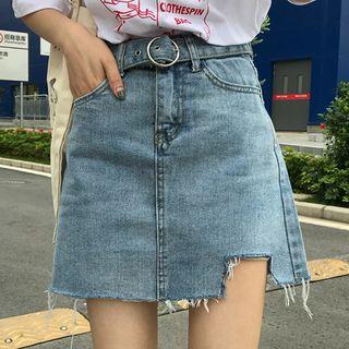 Ripped Hem Mini Denim Skirt
