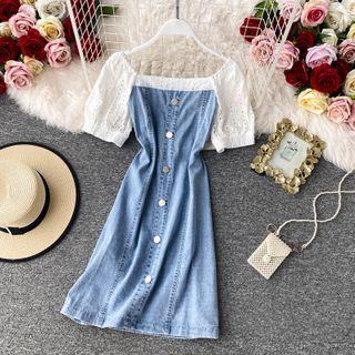 Eyelet-lace Panel Off-shoulder Denim Mini Dress
