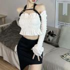 Halter-neck Off-shoulder Frill Trim Crop Top