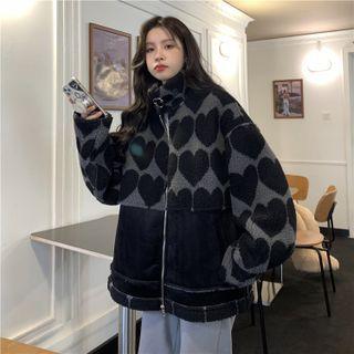 Stand Collar Heart Fleece Zip-up Jacket