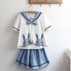 Set: Sailor-collar Short-sleeve Top + Striped A-line Skirt