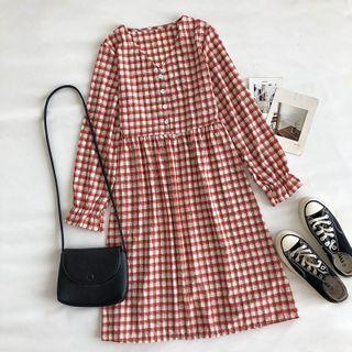 Color-block Plaid V-neck Long-sleeve Dress