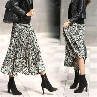 Accordion-pleated Leopard Print Skirt Black - One Size