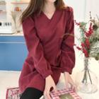 V-neck Pintuck Velvet Mini Dress Wine Red - One Size