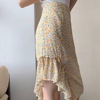 Flower Print Ruffle Hem Straight-fit Skirt