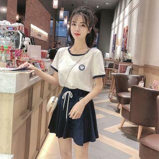 Set: Smiley Face Embroidered T-shirt + Mini A-line Skirt