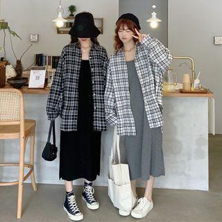 Spaghetti Strap Midi Shift Dress / Plaid Shirt
