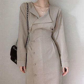 Long-sleeve Open-collar Button-up Midi A-line Dress