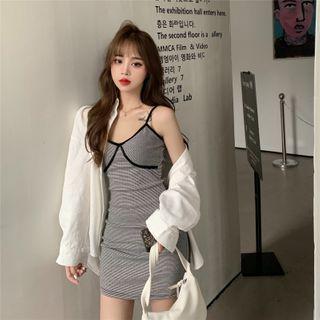 Long-sleeve Shirt / Spaghetti Strap Mini Sheath Dress