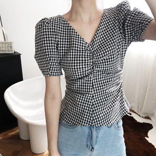 Gingham Puff-sleeve Shirred V-neck Blouse