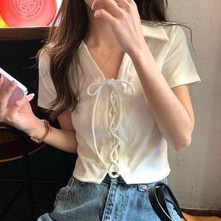 Polo-neck Lace-up Cropped Top