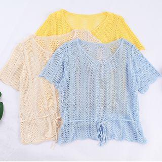 Sheer Cutout Tie-waist Short-sleeve T-shirt