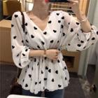 Heart Print V-neck Blouse As Figure - One Size