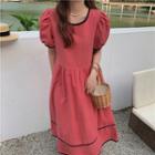 Puff-sleeve Gingham Midi A-line Dress Red - One Size