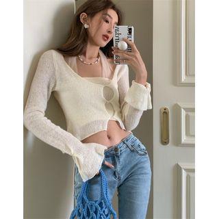 Set: Mesh Panel Knit Cropped Halter Top + Cut-out Sweater