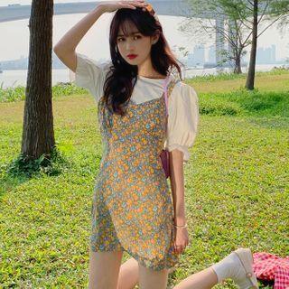 Puff-sleeve Top / Floral Print Mini A-line Pinafore Dress