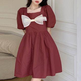Puff-sleeve Square-neck Bow-front Mini A-line Dress Wine Red - One Size