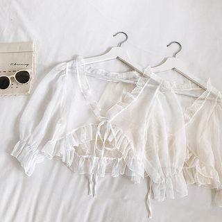 Ruffle Trim Lace See-through Crop Blouse
