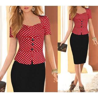 Short-sleeve Dotted Mock-two-piece Sheath Dress